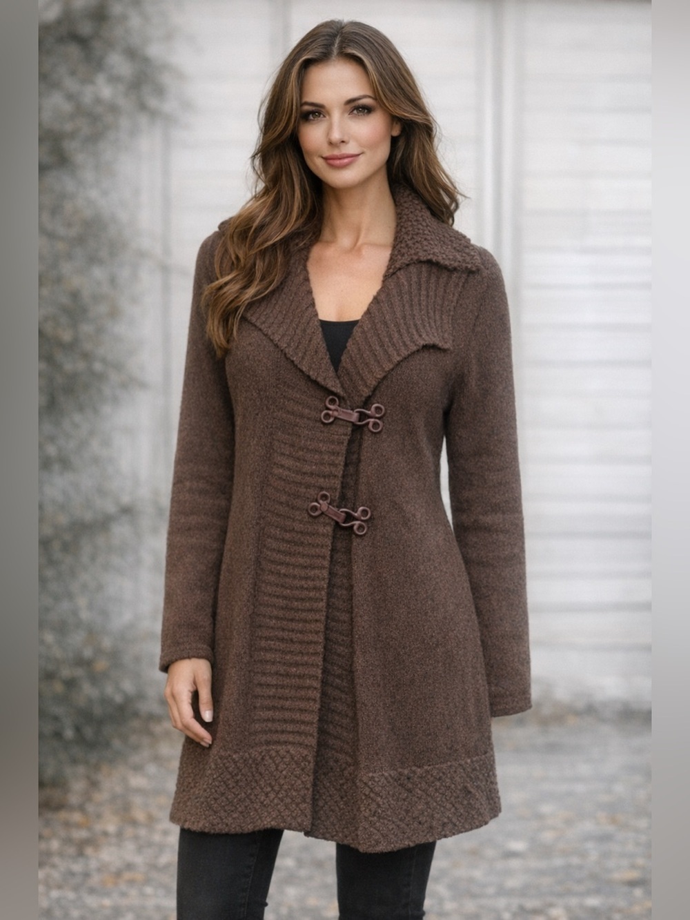 LO RI Cardigan Sweater Coat Medium Long Brown Italian Wool Art to Wear Toggle
